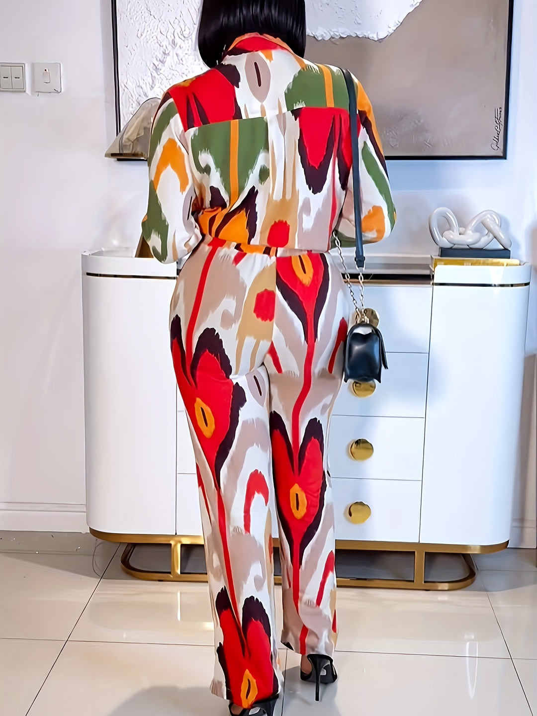Plus Size Colorblock Print Two-piece Set, Long Sleeve Button Top & Straight Leg Pants, Women's Plus Size Clothing