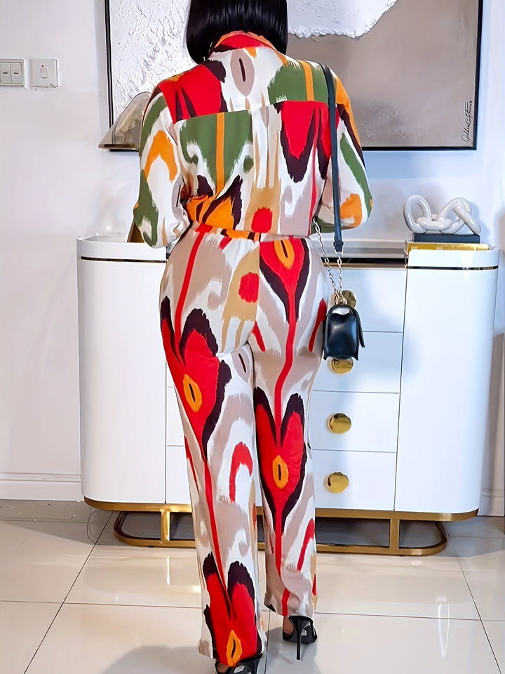 Plus Size Colorblock Print Two-piece Set, Long Sleeve Button Top & Straight Leg Pants, Women's Plus Size Clothing