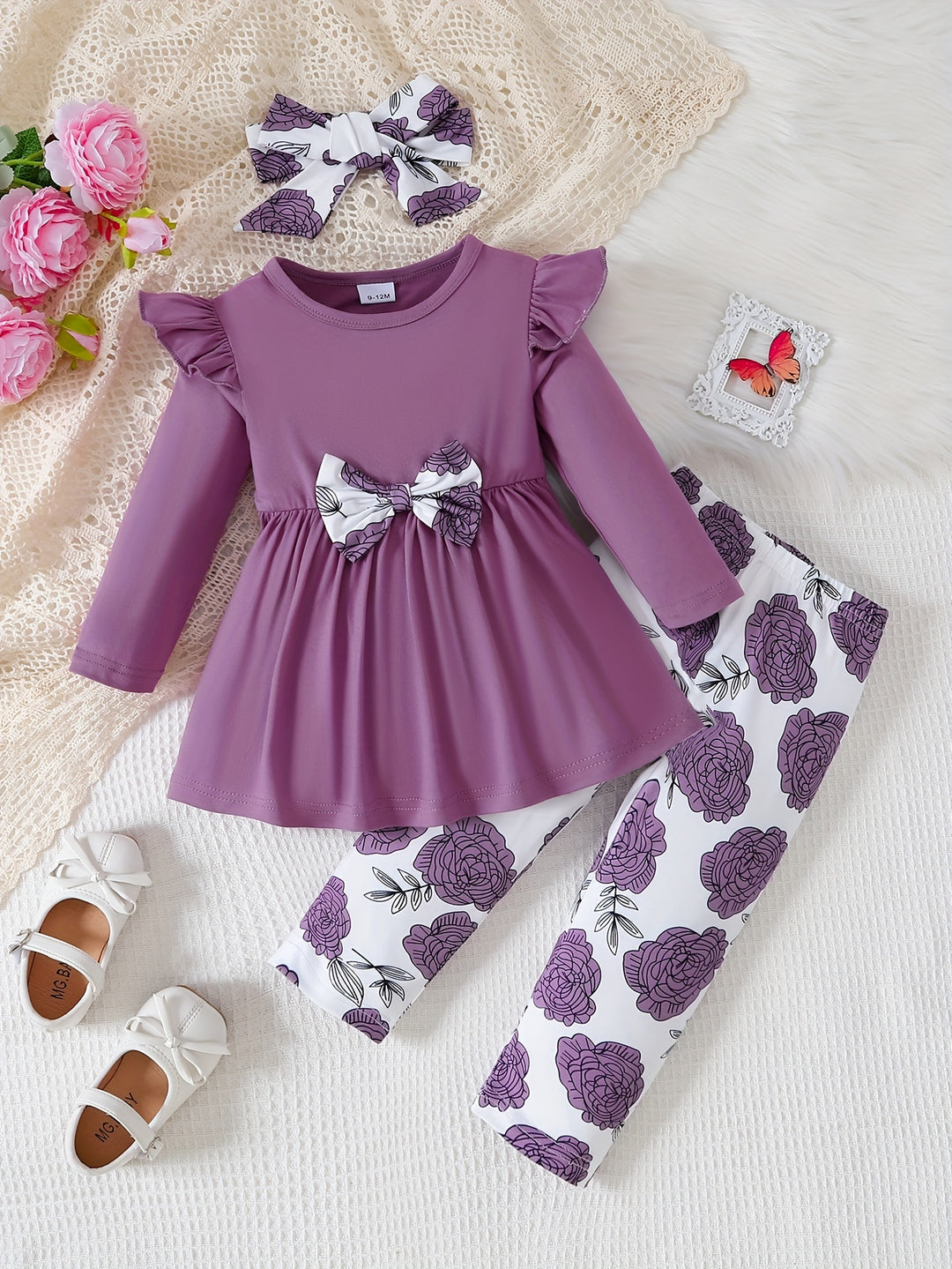 Casual Girl's Cute 3pcs Outfits, Toddler's Long-sleeved Flutter Sleeve Bow Dres Top + Flower Print Pants + Headscarf Set