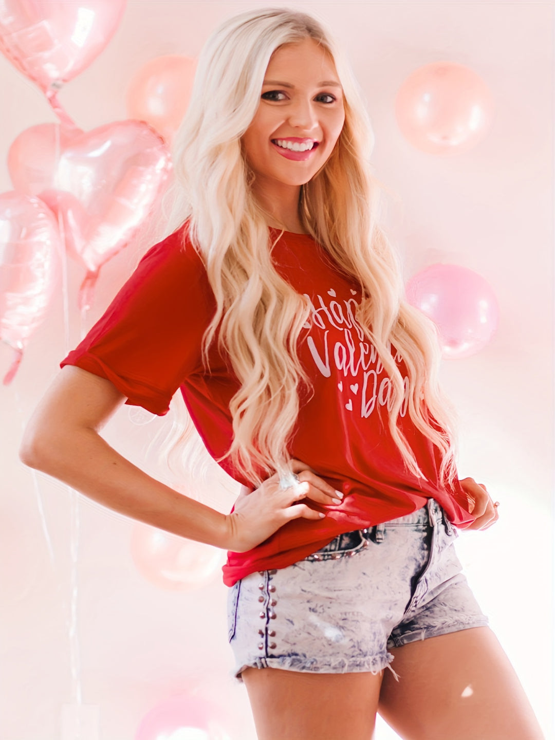 Plus Size Letter Print T-Shirt, Valentine's Day Crew Neck Short Sleeve T-Shirt, Women's Plus Size Clothing