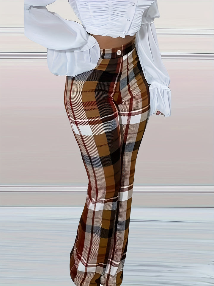 Plaid Print High Waist Pants, Casual Button Front Straight Leg Pants For Spring & Fall, Women's Clothing