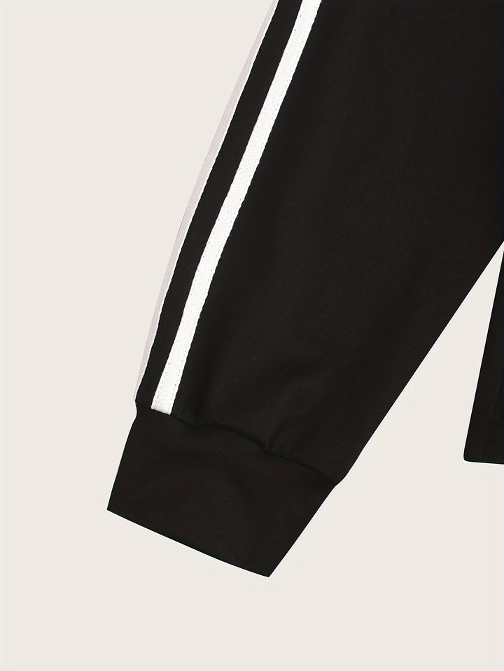 Plus Size Sporty Outfits Set, Women's Plus Striped Long Sleeve Zipper Front Medium Stretch Coat & Joggers Outfits 2 Piece Set