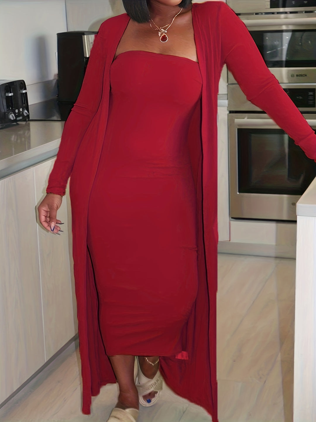 Plus Size Sexy Outfits Two Piece Set, Women's Plus Solid Long Sleeve Open Front Cardigan & Bodycon Tube Dress Outfits Two Piece Set