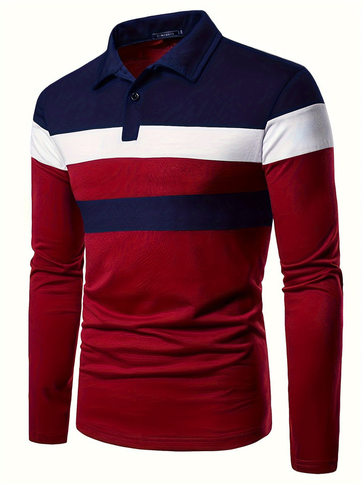 Mature Style Men's Color Block Casual Comfy Long Sleeve Golf Lapel Shirt, Spring Fall