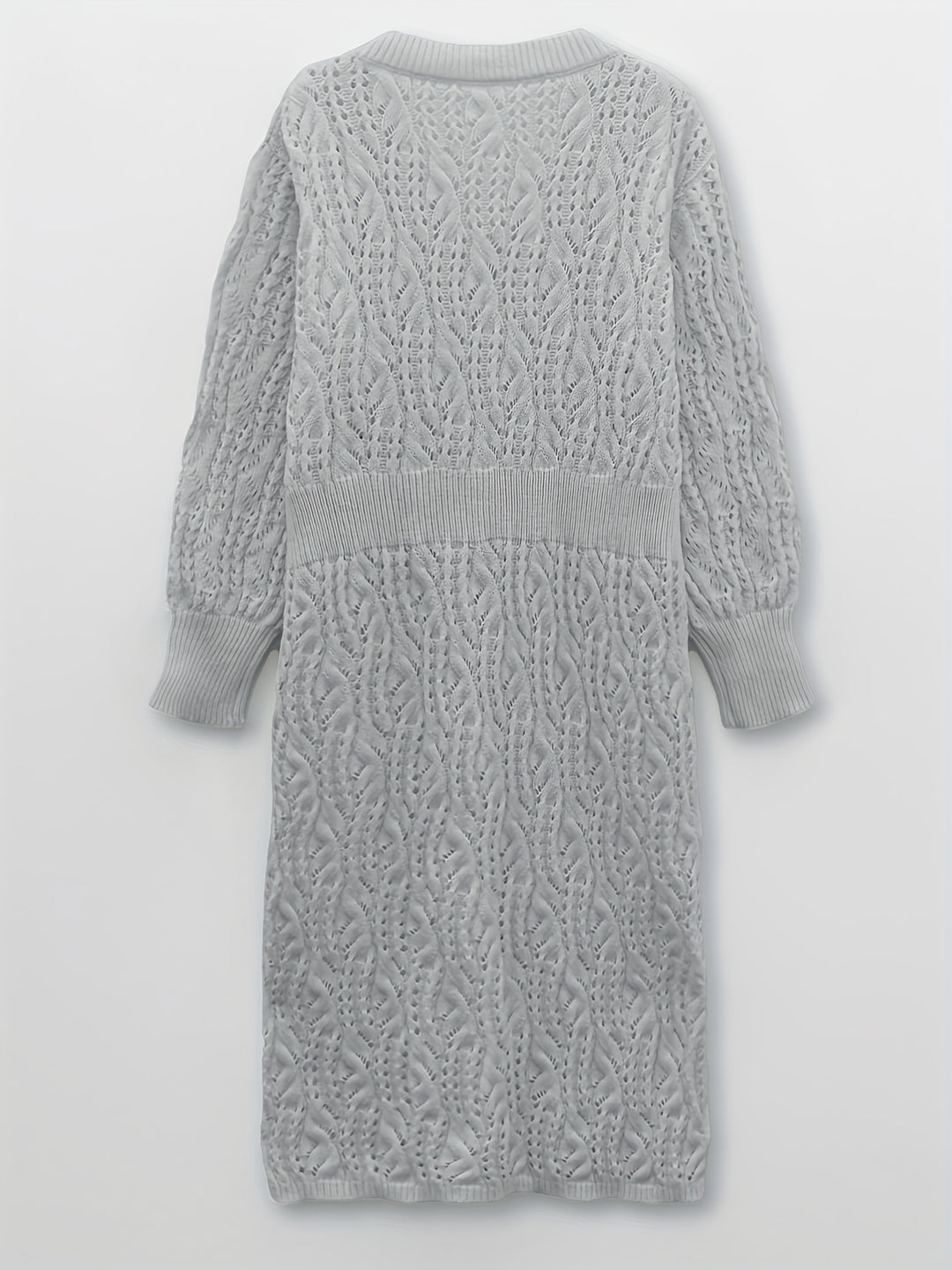 Plus Size Casual Sweater Dress, Women's Plus Solid Eyelet Embroidered Long Sleeve V Neck Midi Sweater Dress