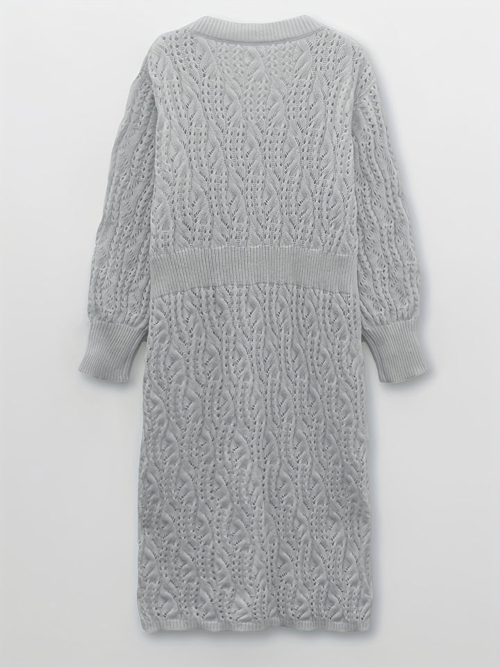 Plus Size Casual Sweater Dress, Women's Plus Solid Eyelet Embroidered Long Sleeve V Neck Midi Sweater Dress