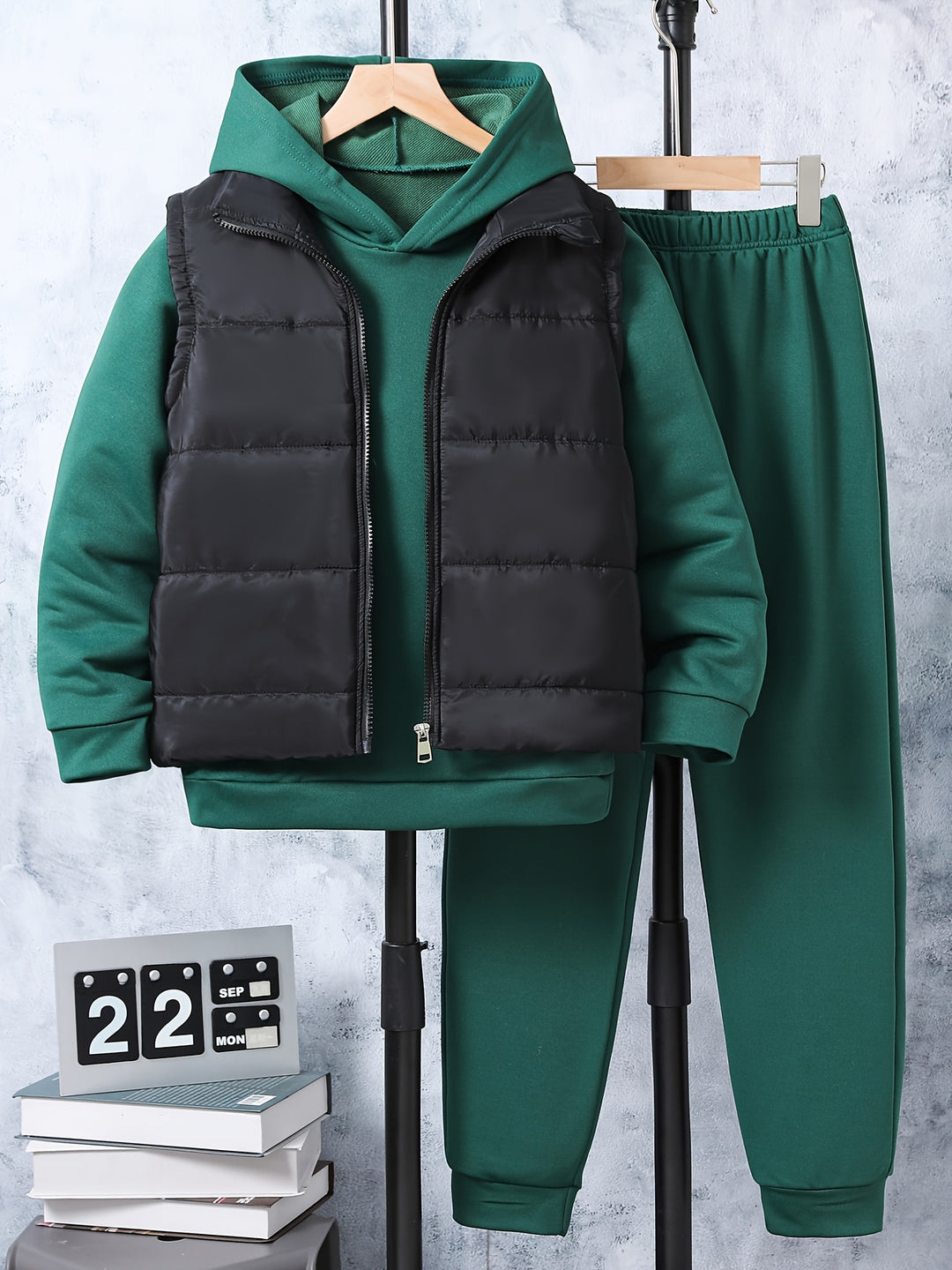 3pcs Boy's Solid Color Hooded Outfit, Warm Padded Vest & Hoodie & Pants Set, Kid's Clothes For Fall Winter, As Gift