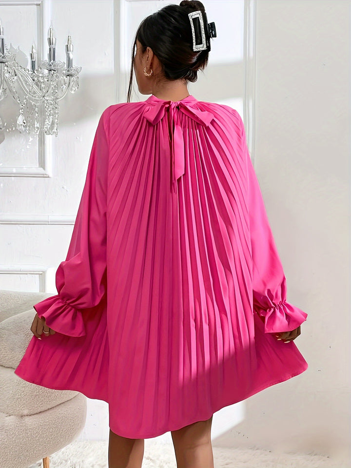 Elegant Solid Color Pleated Dress for Women, Casual and Comfortable Long Sleeve Dress