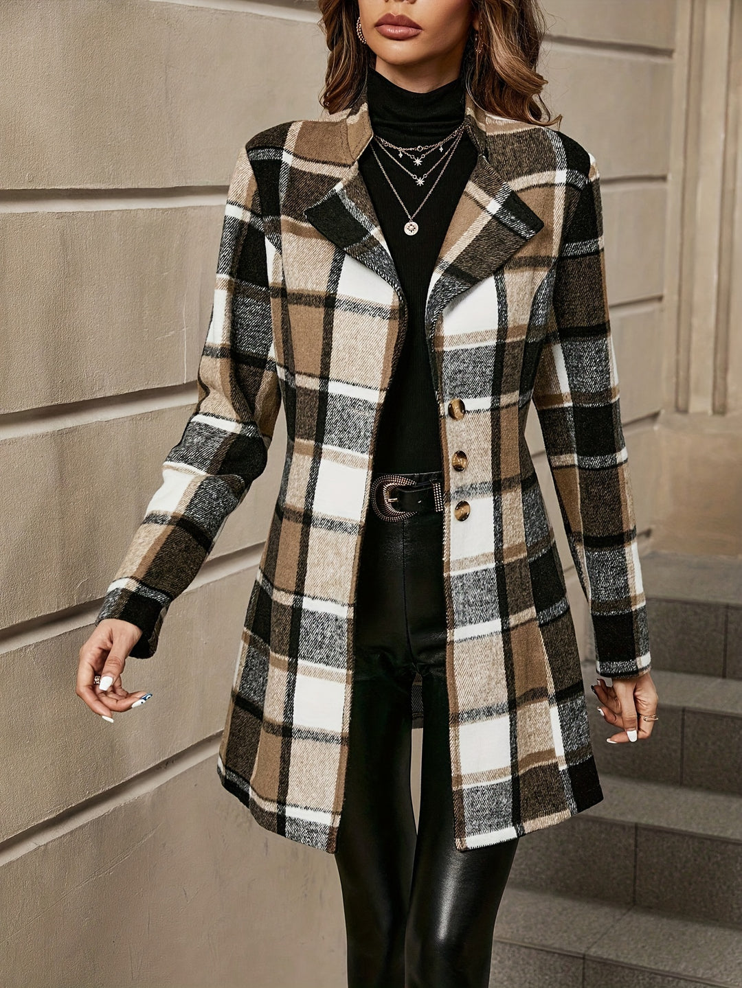 Plaid Pattern Single Breasted Jacket, Casual Lapel Long Sleeve Overcoat For Fall & Winter, Women's Clothing