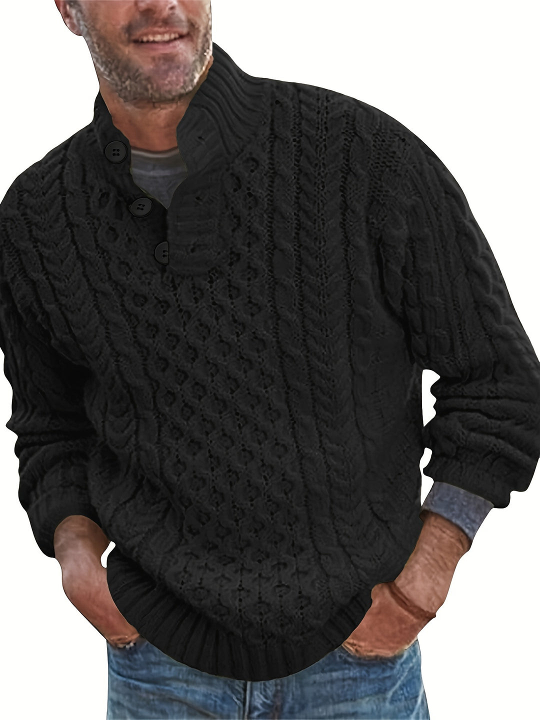 All Match Knitted Cable Sweater, Men's Casual Warm Middle Stretch Stand Collar Pullover Sweater For Fall Winter