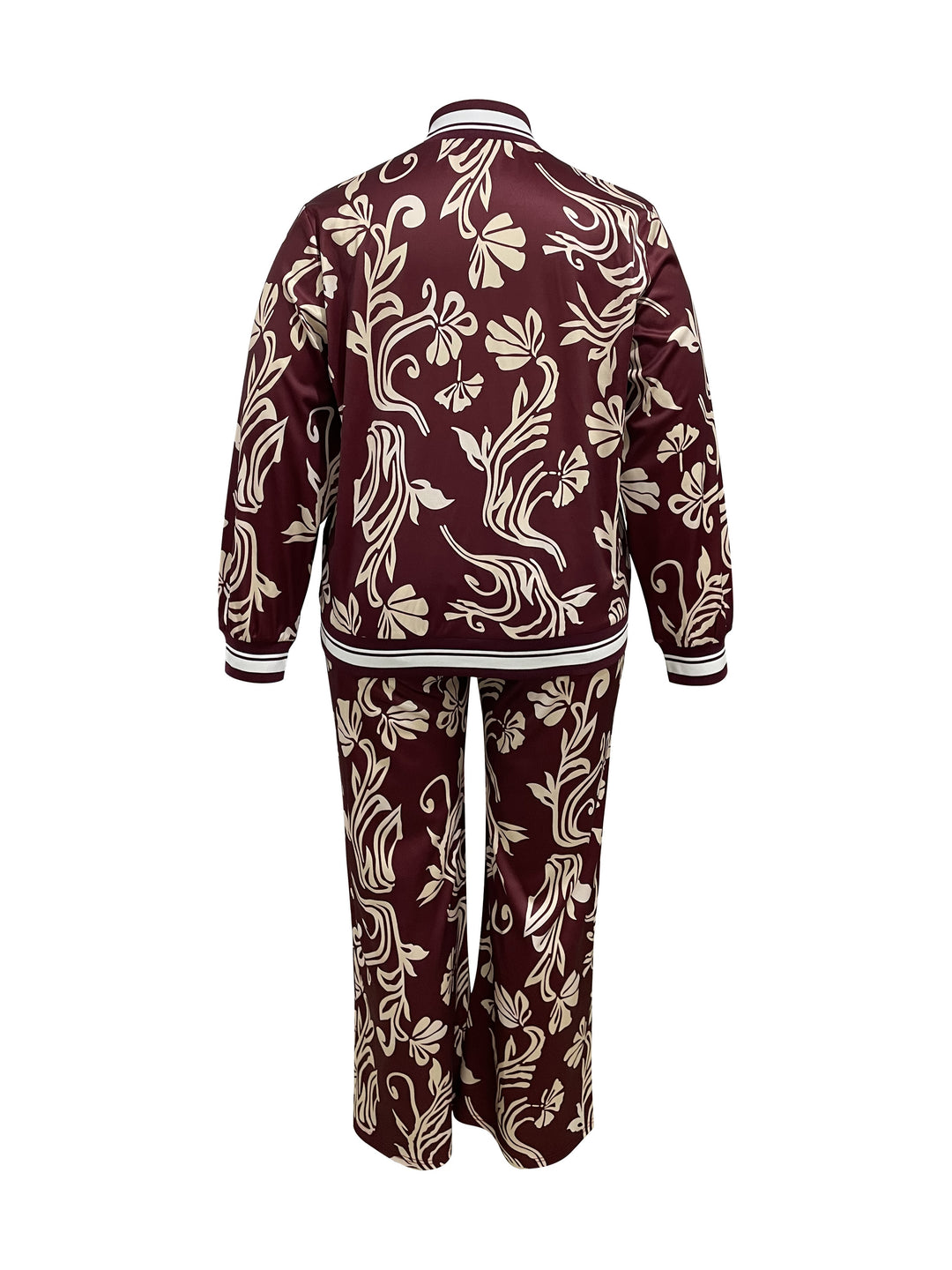 Plus Size Casual Outfits Set, Women's Plus Leaf Print Long Sleeve Zip Up Jacket & Pants Outfits 2 Piece Set