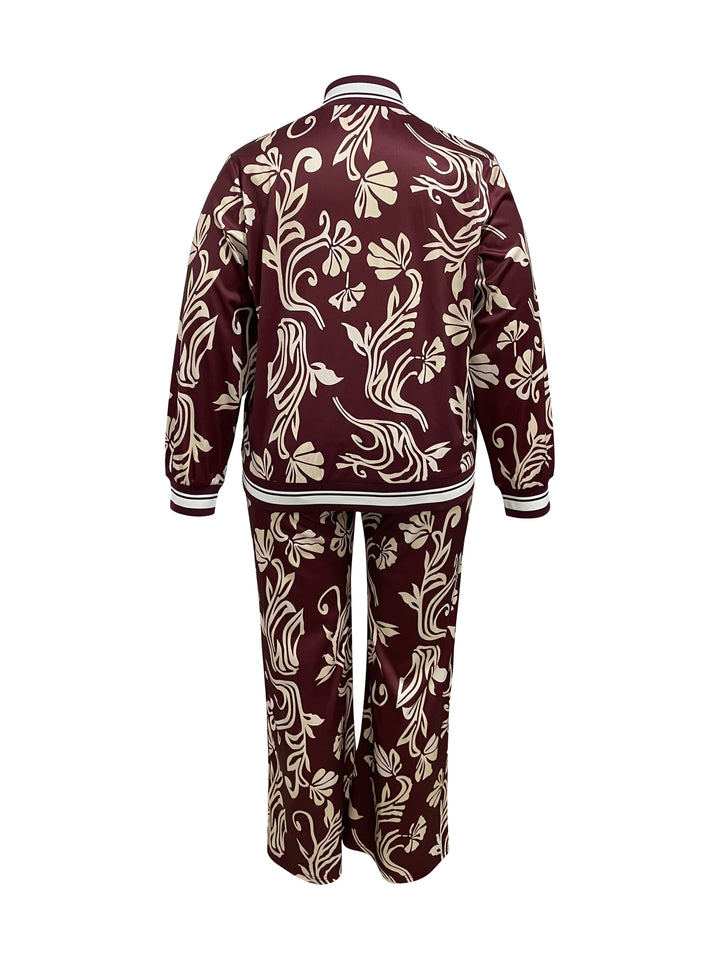 Plus Size Casual Outfits Set, Women's Plus Leaf Print Long Sleeve Zip Up Jacket & Pants Outfits 2 Piece Set