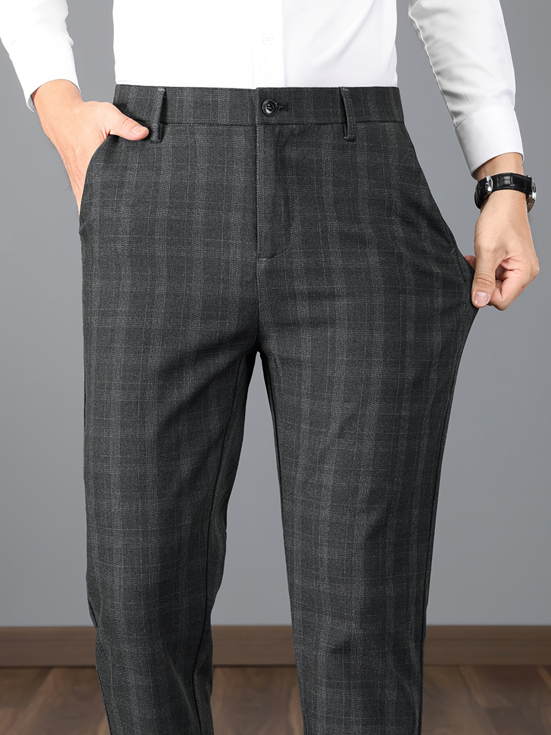 Elegant Plaid Slacks, Men's Casual Vintage Style Slightly Stretch Dress Pants