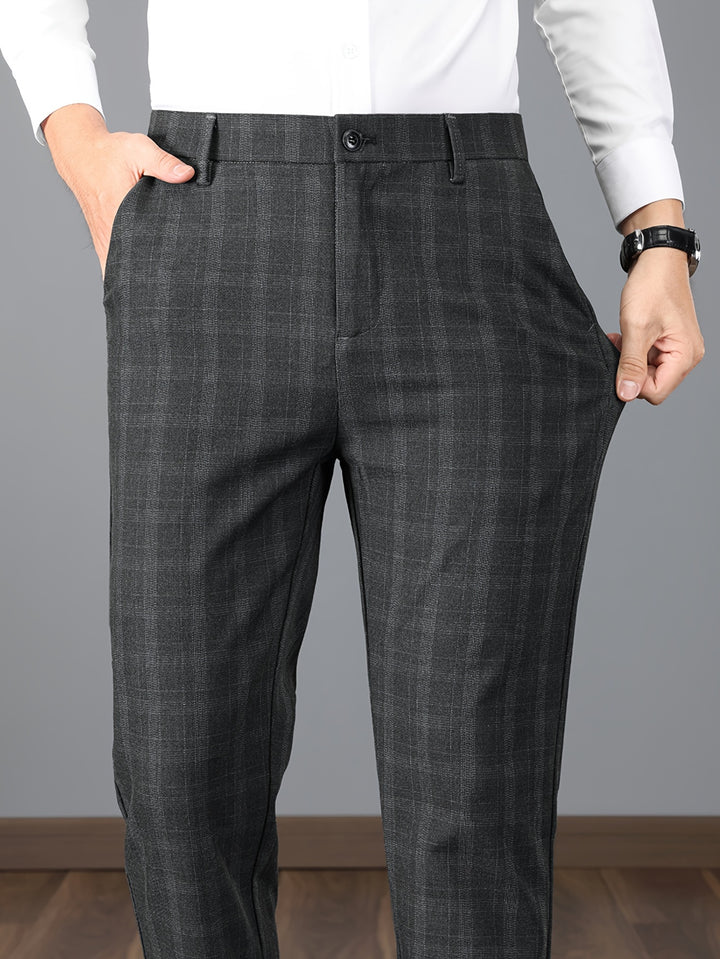 Elegant Plaid Slacks, Men's Casual Vintage Style Slightly Stretch Dress Pants