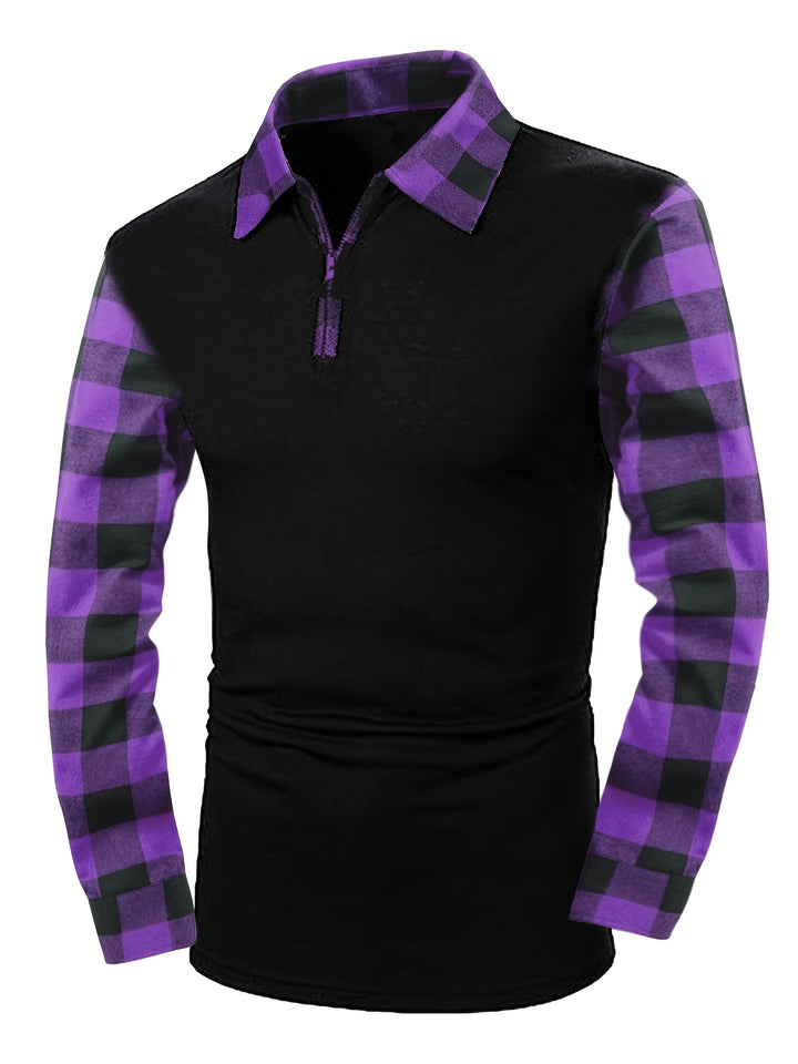 Retro Plaid Shirt, Men's Casual V-Neck Pullover Long Sleeve Rugby Shirt For Winter Fall, Men's Clothing