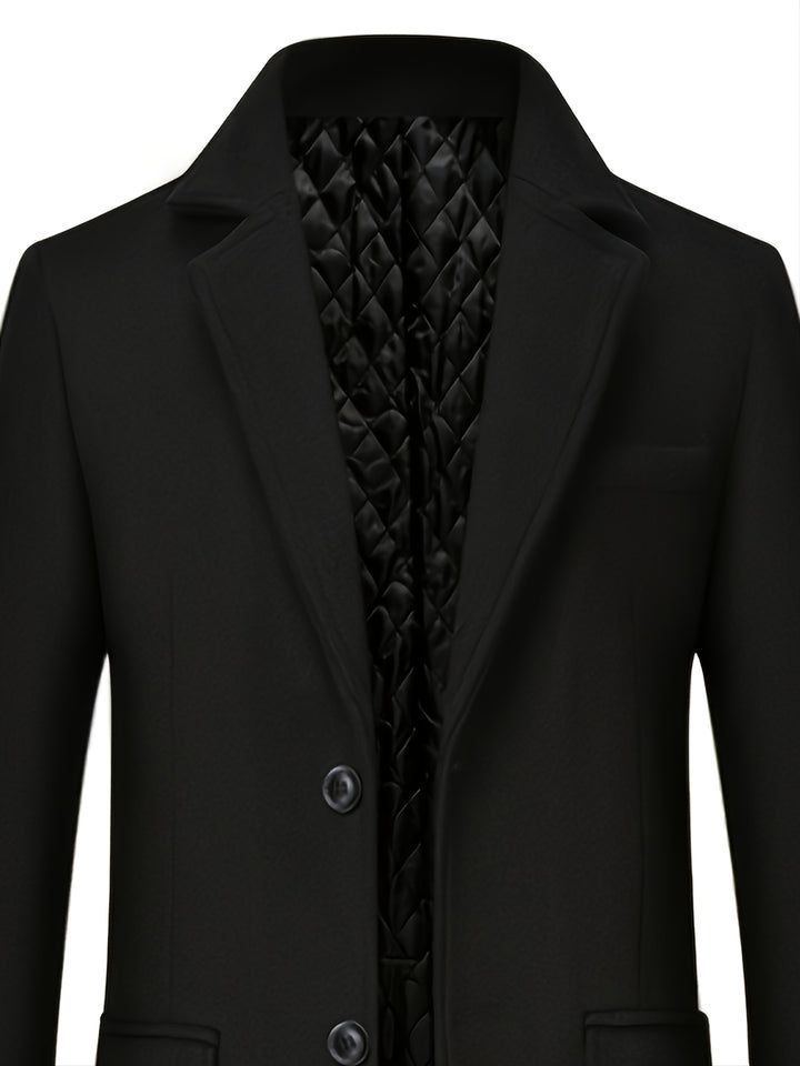 Men's Mid Length Lapel Solid Color Wool Coat, Winter Warm Soft Outdoor Windbreaker Jacket