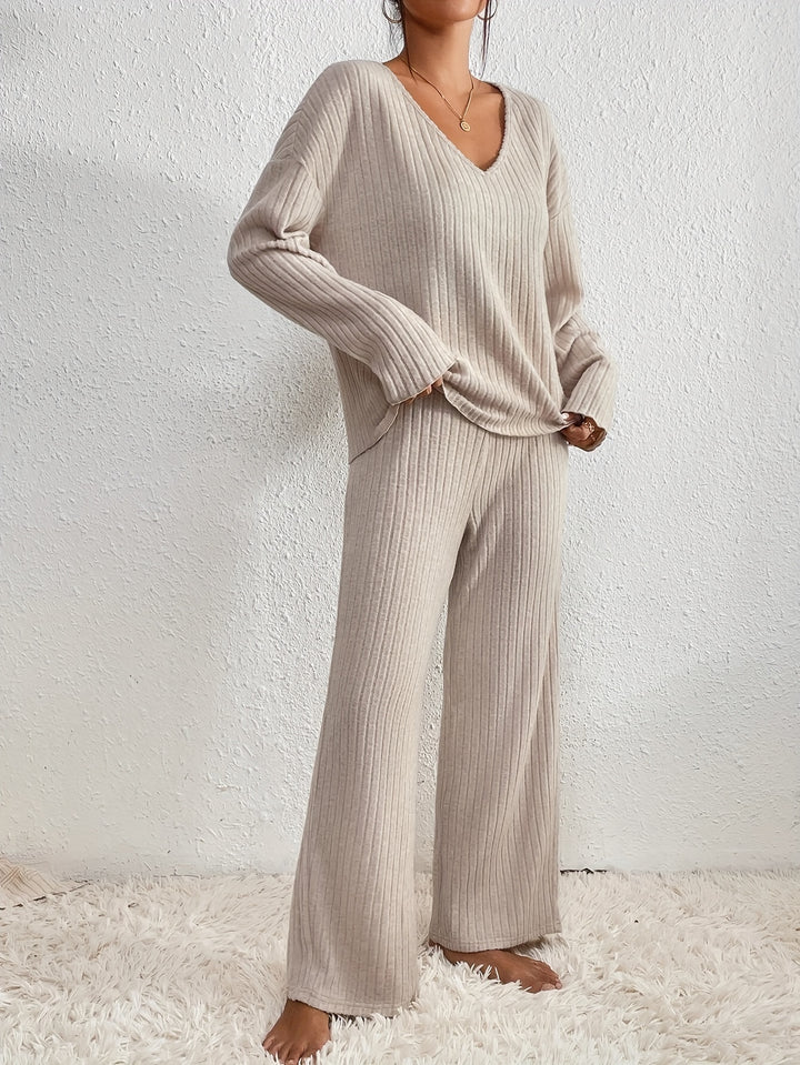 Ribbed  Knit Solid Two-piece Set, V Neck Long Sleeve Top & Wide Leg Pants Outfits, Women's Clothing