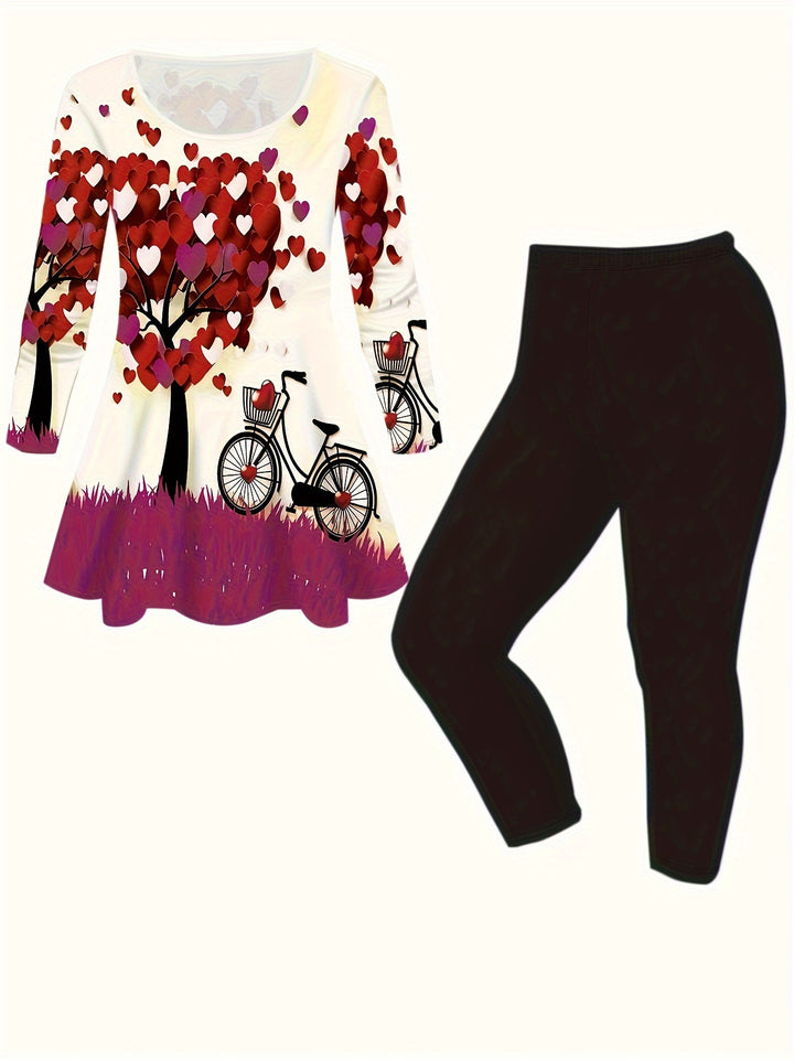 Plus Size Heart Print Two-piece Set, Crew Neck Long Sleeve Top & Leggings Outfits, Women's Plus Size Clothing