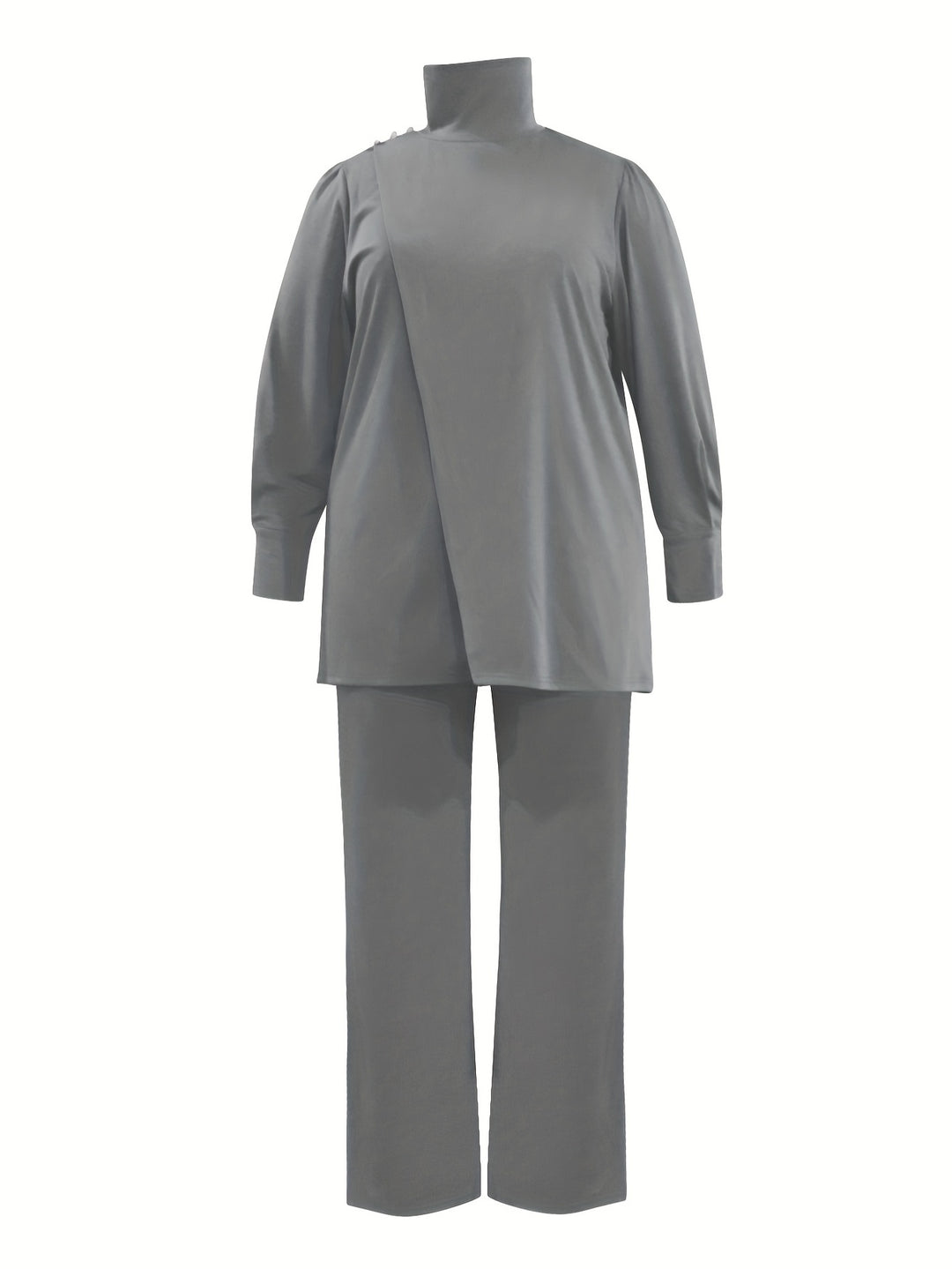 Plus Size Casual Outfits Set, Women's Plus Solid Button Detail Long Sleeve Turtleneck Wrap Hem Top & Pants Outfits 2 Piece Set