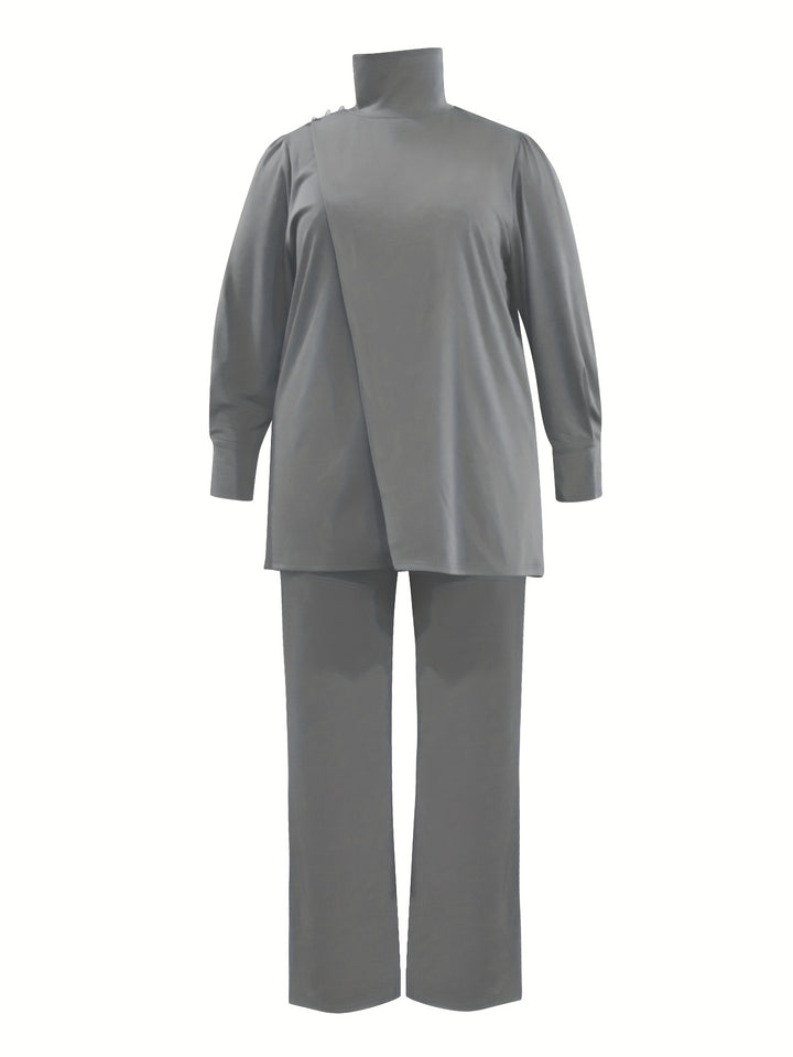 Plus Size Casual Outfits Set, Women's Plus Solid Button Detail Long Sleeve Turtleneck Wrap Hem Top & Pants Outfits 2 Piece Set