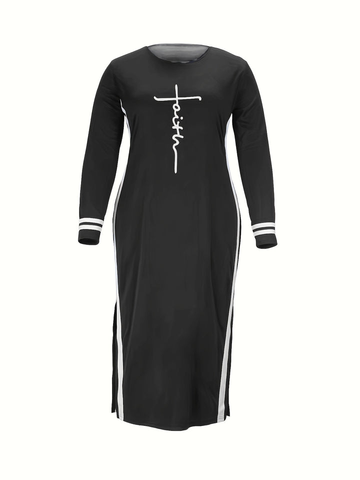 Stylish Plus Size Dress for Women - Cross Letter & Stripe Print Long Sleeve Split Dress