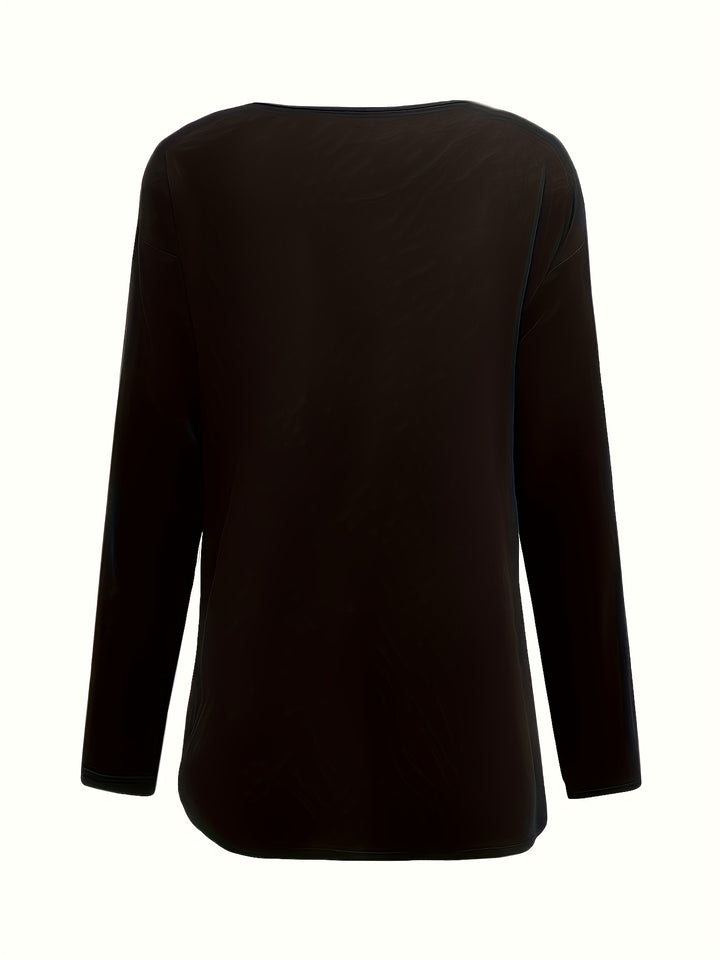 Rhinestone Heart Pattern V Neck T-Shirt, Casual Long Sleeve T-Shirt For Spring & Fall, Women's Clothing