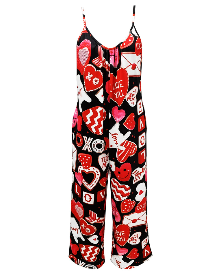 Women's Valentine's Day Jumpsuit, Plus Size Heart & Letter Print Round Neck Wide Leg Cami Jumpsuit With Pockets