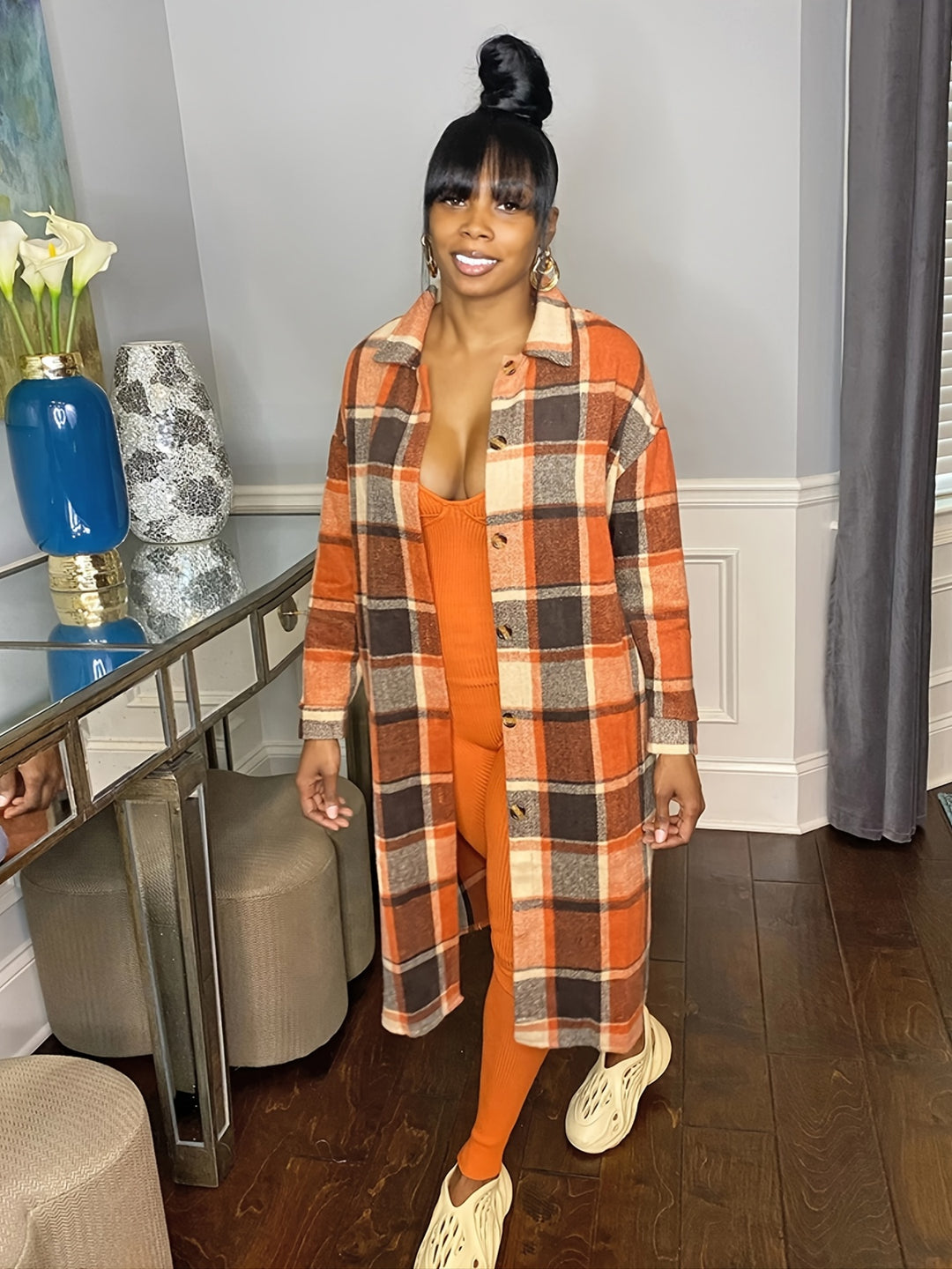 Oversized Plaid Shirt Jacket, Long Sleeve Button Up Casual Plaid Shacket For Spring & Fall, Women's Clothing
