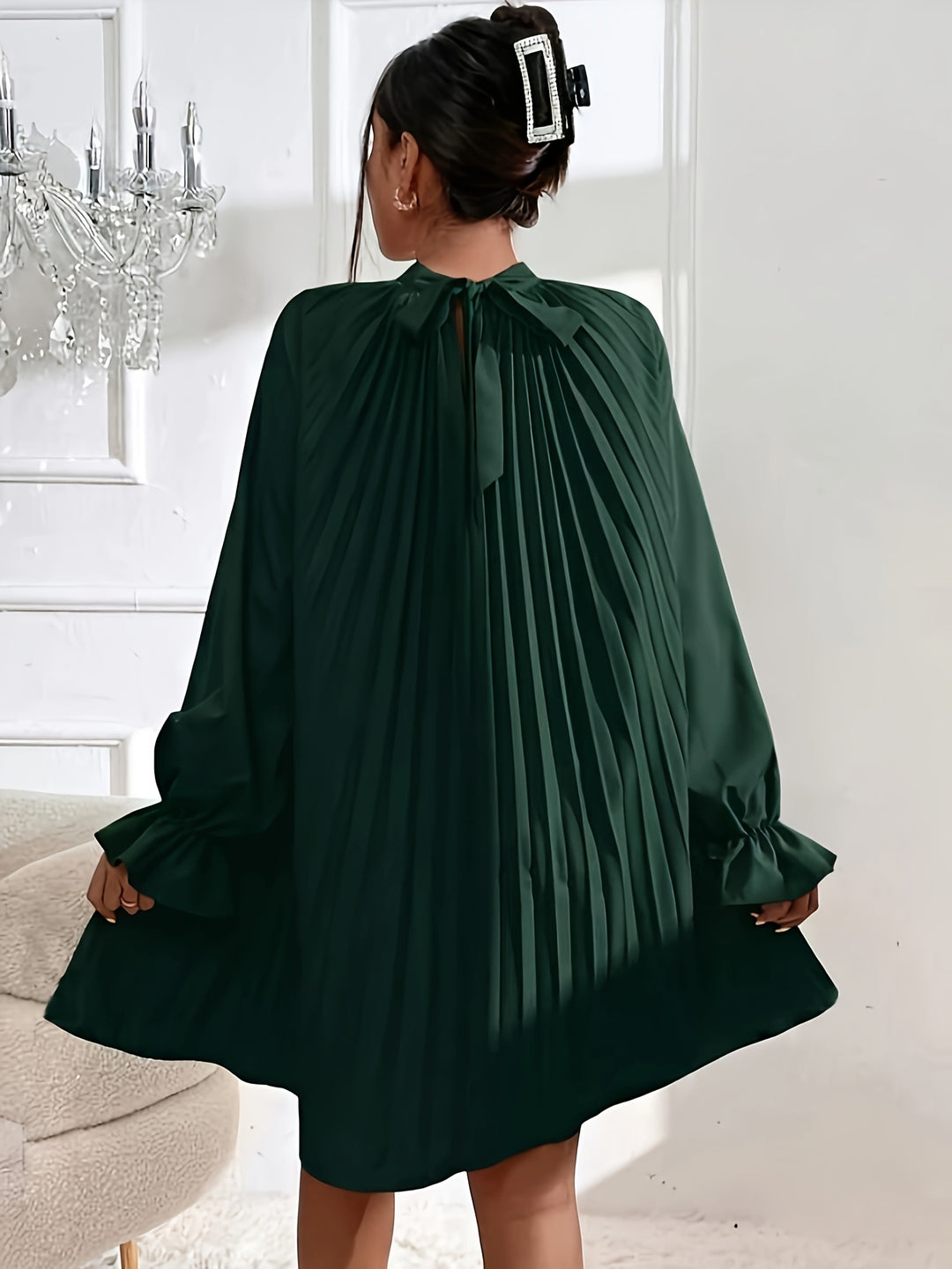 Elegant Solid Color Pleated Dress for Women, Casual and Comfortable Long Sleeve Dress