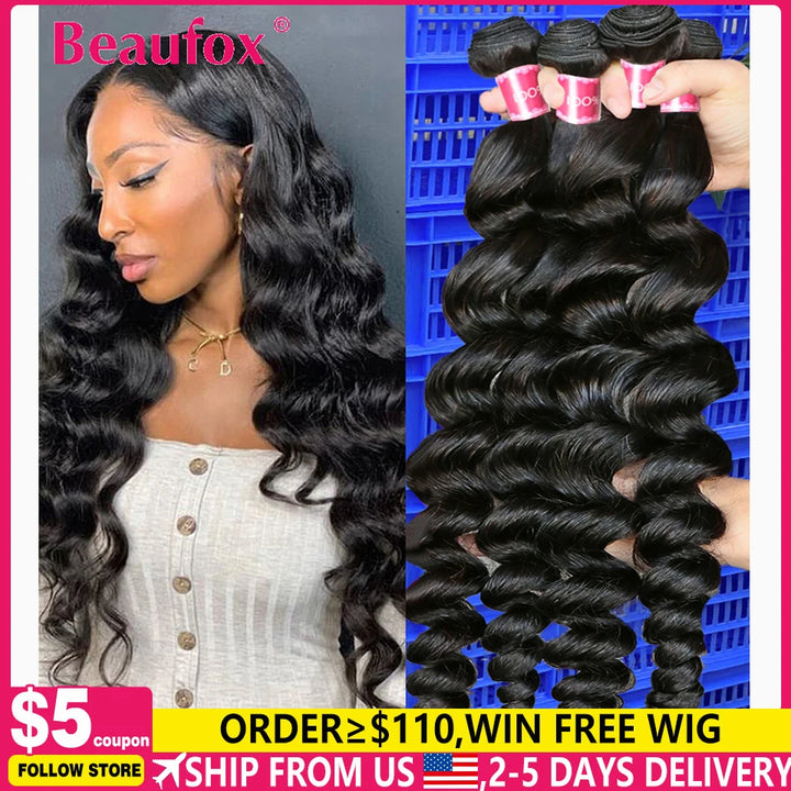 Beaufox 32 Inch Human Hair Bundles - Indian Loose Wave