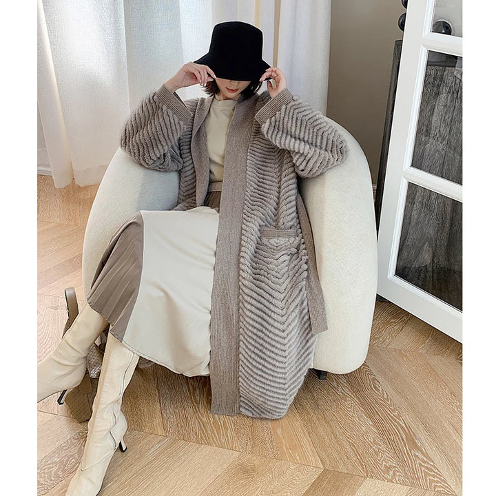 HDHOHR 2023 New High Quality Natural Mink Fur Coat Women With Belt Knitted Real MinkFur Jacket Fashion Warm Long For Female