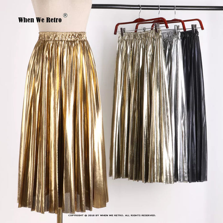 Elegant High Waist Midi Skirt | VD1824 Black Silver Gold | Pleated Design