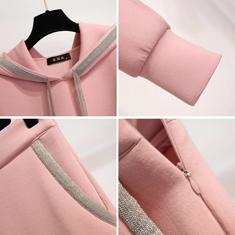 Women's Elegant Pink Hooded Sweatshirt & Skirt Set - 2022 Autumn/Winter Office Wear