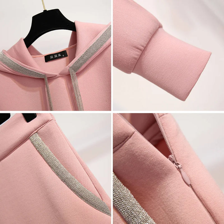 Women's Elegant Pink Hooded Sweatshirt & Skirt Set - 2022 Autumn/Winter Office Wear