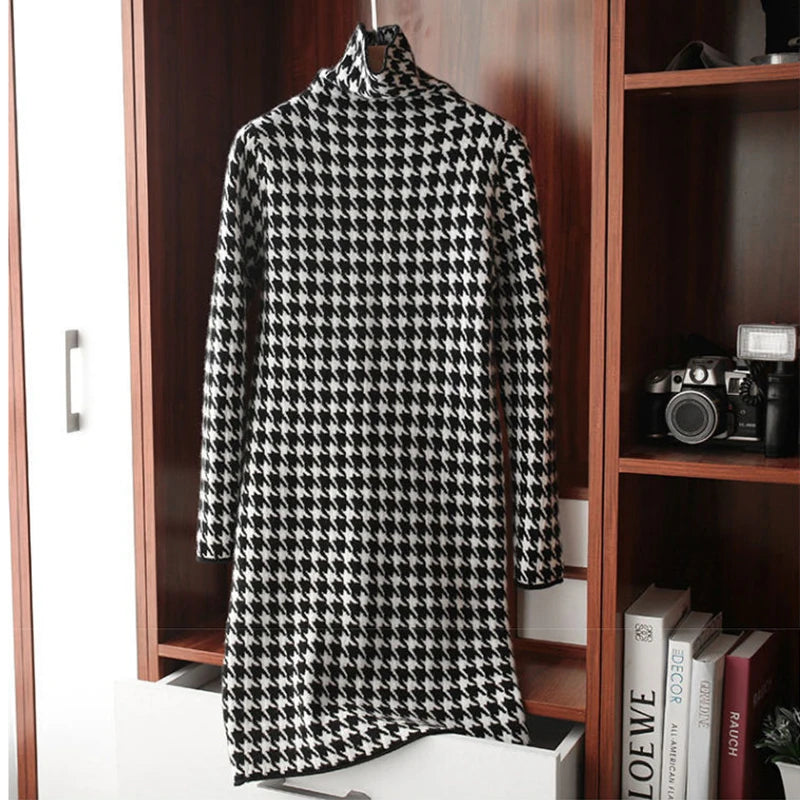 Korean Fashion Bird Lattice Turtleneck Sweater Dress