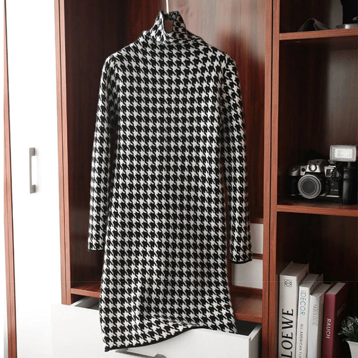 Korean Fashion Bird Lattice Turtleneck Sweater Dress