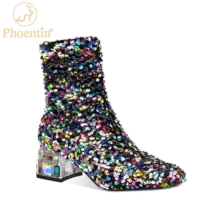 Phoentin bling colorful women boots 2020 winter ladies party shoes crystal mid heels club round toe ankle boot FT1170