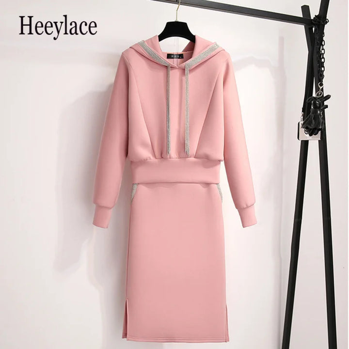 Women's Elegant Pink Hooded Sweatshirt & Skirt Set - 2022 Autumn/Winter Office Wear