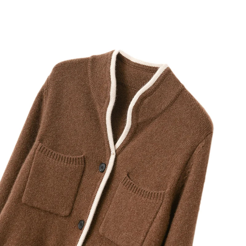 Women's 100% Wool Cardigan - Korean Fashion Autumn/Winter '22 - Stand-up Collar - Casual Knit Tops