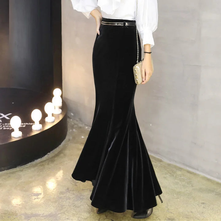 5XL! Autumn Vintage Velvet Black Maxi Long Mermaid skirt 2023 Fashion Women Elegant Velour Skirts With Belt