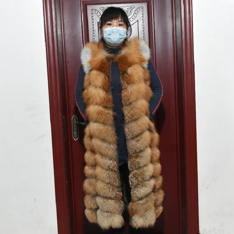 Winter Red Fox Fur Vest Female Real Extended Long  Women Red Fox Fur Waistcoat Natural Fox Fur Waistcoat Long Free Shipping