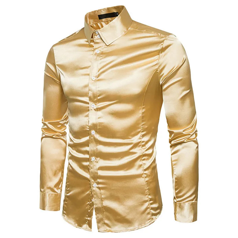 Men's Plus Size Silk Satin Tuxedo Shirt - Casual Slim Fit Gold Wedding Dress