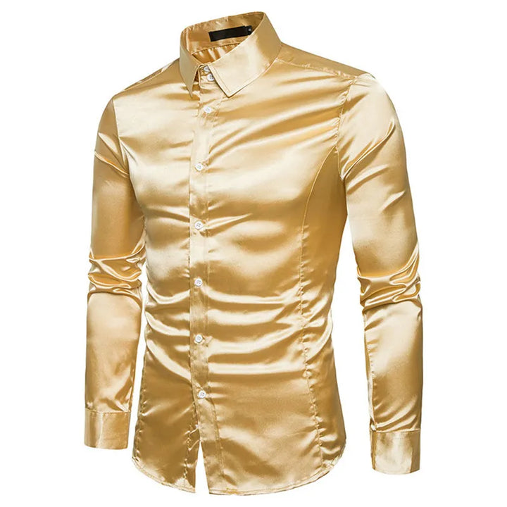 Men's Plus Size Silk Satin Tuxedo Shirt - Casual Slim Fit Gold Wedding Dress