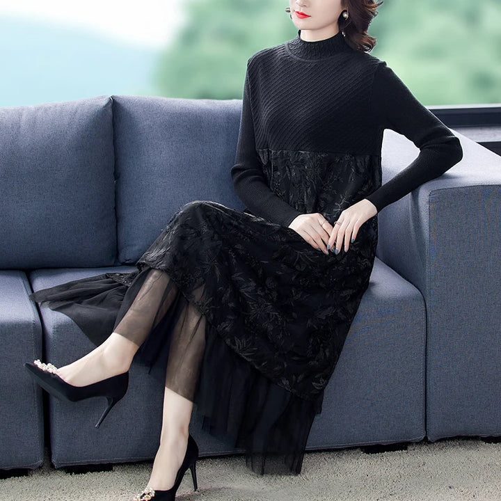 Vintage Winter Black Sweater Dress - Elegant Bodycon Midi Dress with Embroidery and Mesh Detail