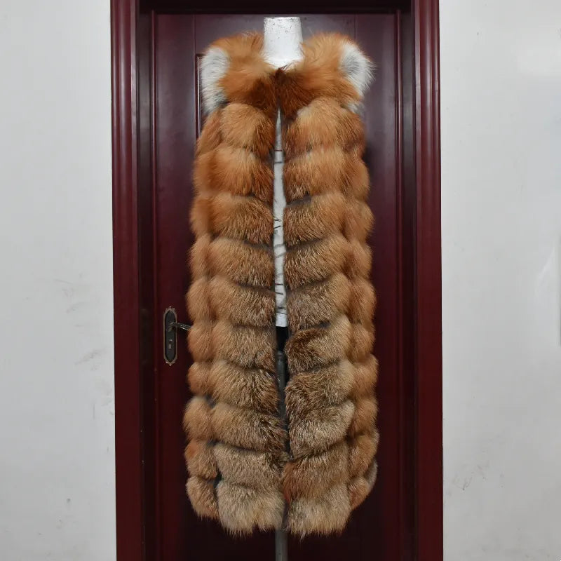 Winter Red Fox Fur Vest Female Real Extended Long  Women Red Fox Fur Waistcoat Natural Fox Fur Waistcoat Long Free Shipping