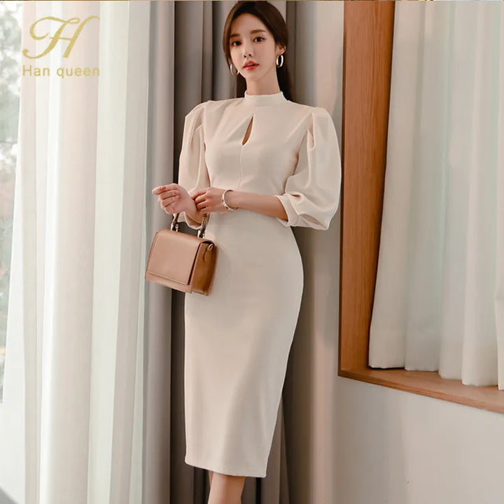 H Han Queen Autumn Fashion Midi Dress with Puff Sleeves and Stand Collar - Slim Fit, Solid Color, Casual Style