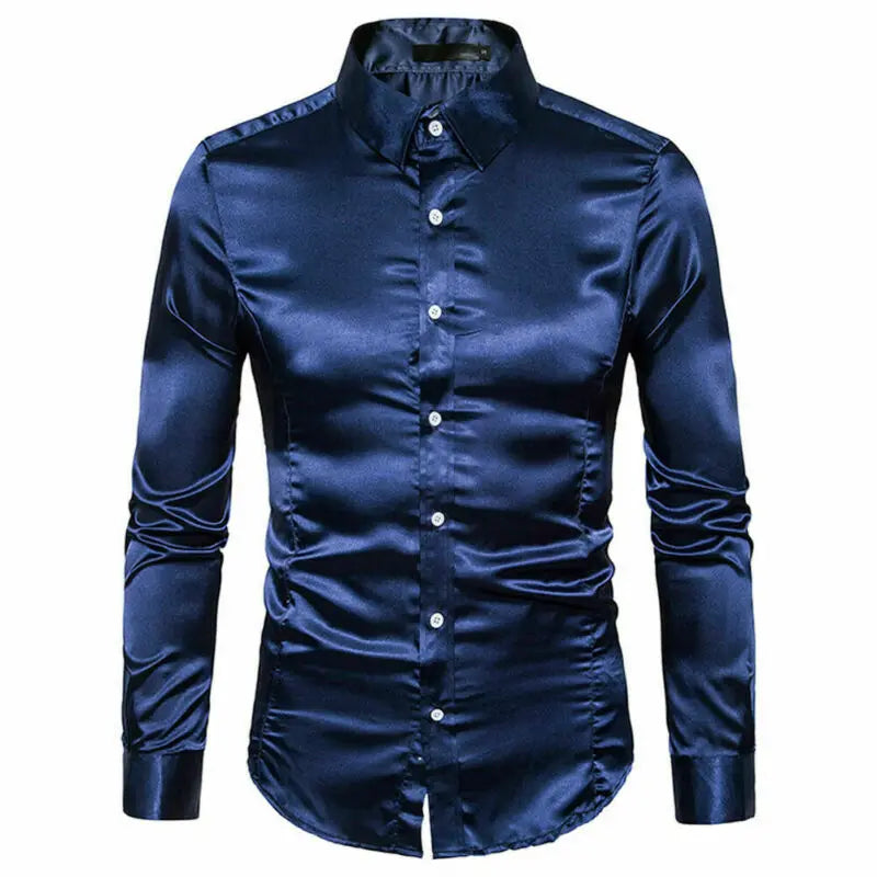 Men's Plus Size Silk Satin Tuxedo Shirt - Casual Slim Fit Gold Wedding Dress