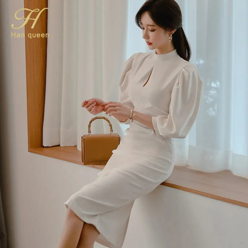 H Han Queen Autumn Fashion Midi Dress with Puff Sleeves and Stand Collar - Slim Fit, Solid Color, Casual Style