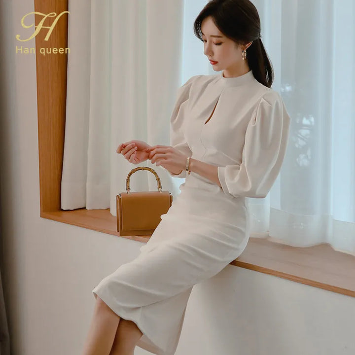 H Han Queen Autumn Fashion Midi Dress with Puff Sleeves and Stand Collar - Slim Fit, Solid Color, Casual Style