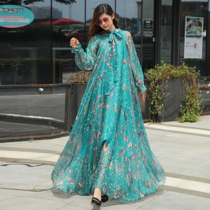 Elegant Floral Print Chiffon Maxi Dress - Plus Size